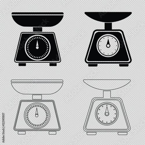 Food Scale Vector Sets in silhouette and line art styles. Ideal for kitchen designs, weight tracking, and meal planning graphics. Create impactful and versatile visuals with precision scale icons