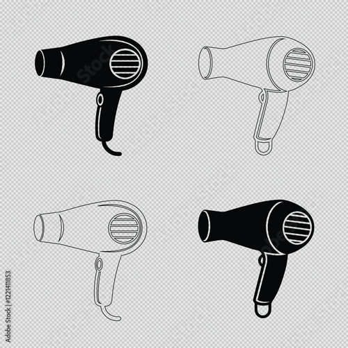 Hairdryer Vector Sets with silhouette and line art designs. Ideal for salon branding, beauty-related visuals, and creative projects. Sleek and versatile hair styling tool illustrations