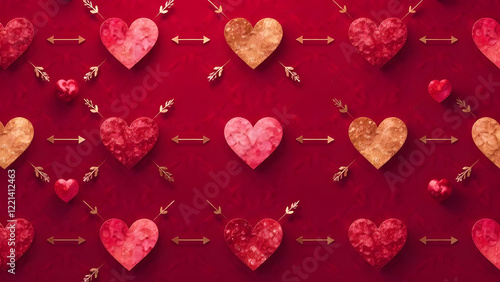 Modern and bold, with repeating geometric patterns of hearts and arrows in shiny metallic tones, creating a sharp and clean Valentines Day design