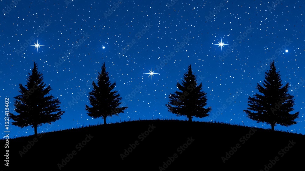 Fototapeta premium Night sky, stars, trees, hill, winter, landscape, peaceful, nature, background, illustration