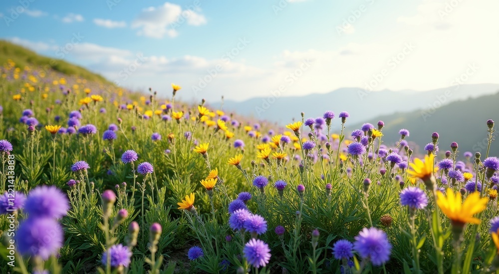 Obraz premium Purple and yellow flowers in a field with mountains in the background