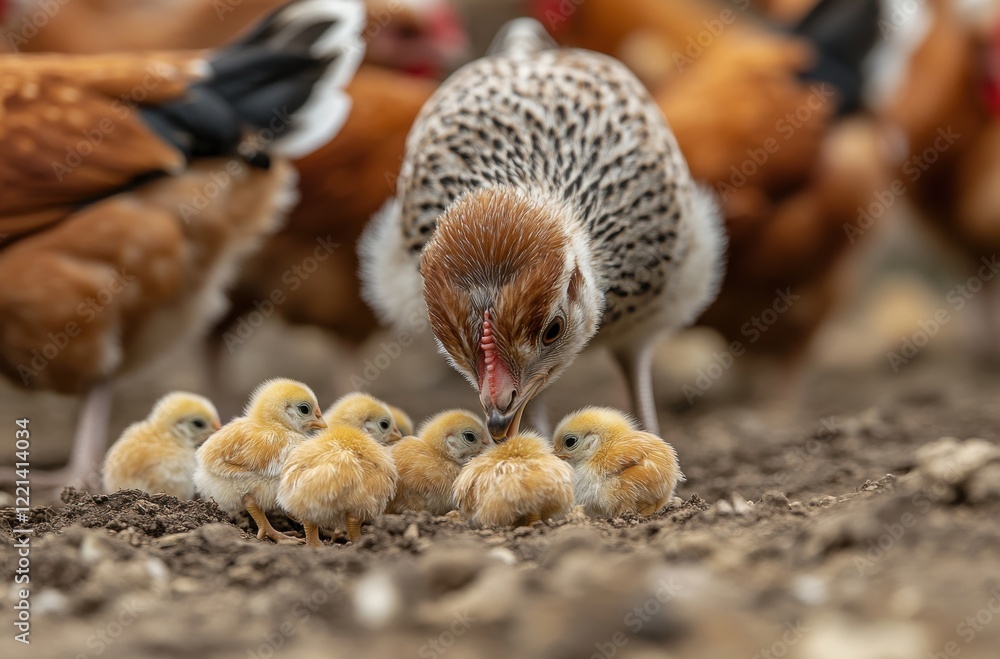 Mother Hen Nurturing Her Adorable Chicks in a Rustic Farmyard Setting Surrounded by Other Chickens for a Heartwarming Natural Scene Mother Hen Nurturing Her Adorable Chicks in a Rustic Farmyard Setting Surrounded by Other Chickens for a Heartwarming Natural Scene
