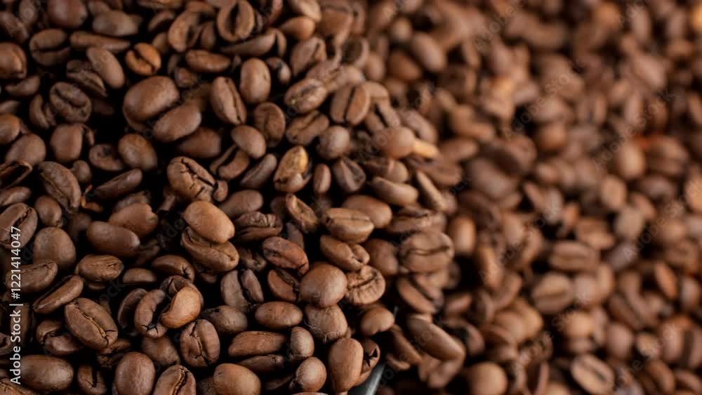 Roasted coffee beans falling down, top view Roasted coffee beans falling down, top view