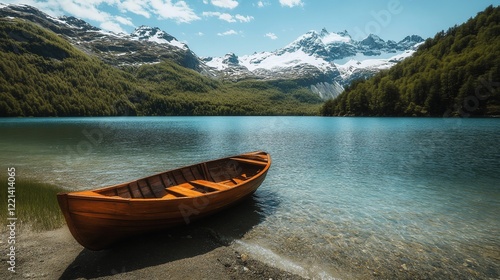 Wooden boat rests peacefully on the shore of a serene mountain lake with snow capped peaks