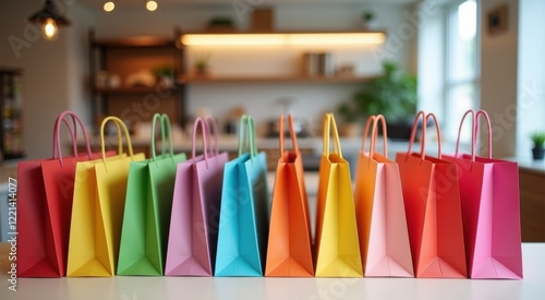 Several colorful paper bags are lined up on a table