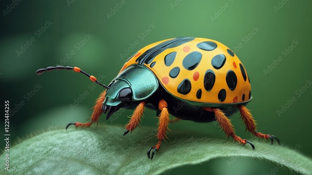 Naklejka premium Highly detailed close up view of a colorful spotted ladybug insect perched on a lush green leaf