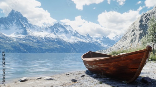 A wooden boat rests on a serene beach, with snowy mountains in the background under a cloudy sky