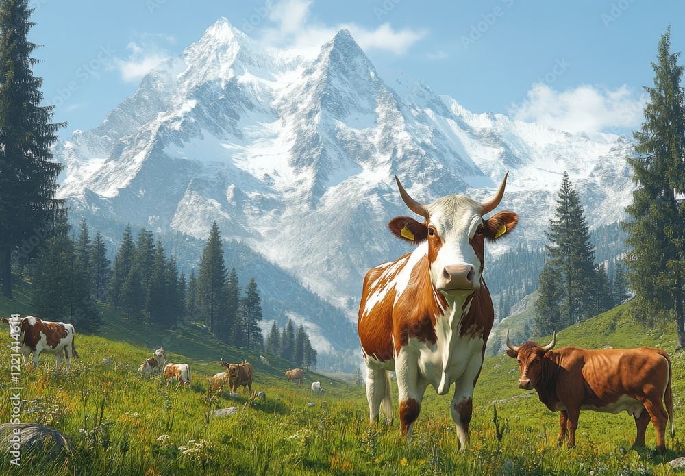 Peaceful Landscape with Cows Grazing in Green Meadow Surrounded by Majestic Snow-Capped Mountains and Evergreen Trees Under a Clear Blue Sky Peaceful Landscape with Cows Grazing in Green Meadow Surrounded by Majestic Snow-Capped Mountains and Evergreen Trees Under a Clear Blue Sky
