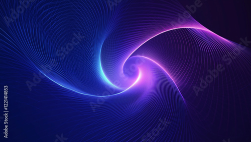 Abstract background with colorful lines and blue geometric shapes on a dark purple gradient,
