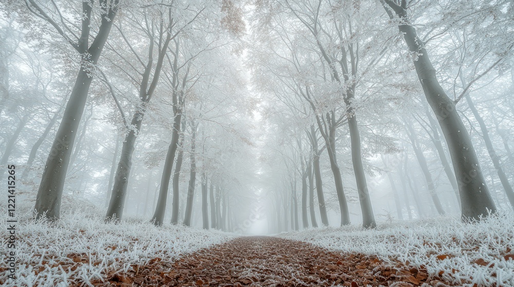Naklejka premium Frosty Forest Path Winter Fog, Trees, Pathway