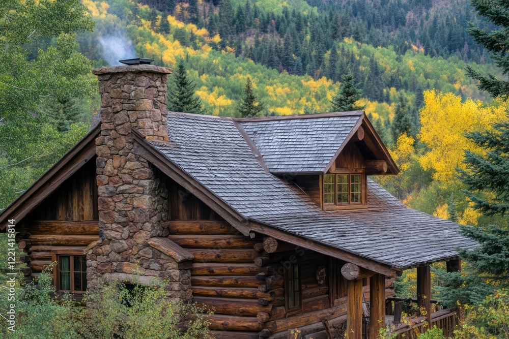 A rustic log cabin with a sloping roof, a stone chimney, and a forested backdrop A rustic log cabin with a sloping roof, a stone chimney, and a forested backdrop