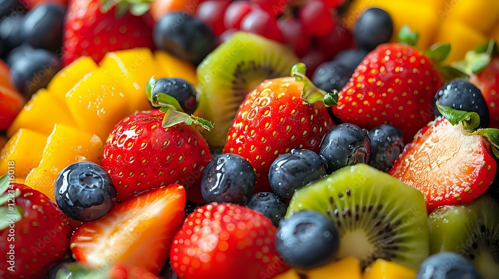 Fresh colorful fruit mix with strawberries, blueberries, kiwi and mango creates vibrant healthy food background perfect for menu design, packaging or healthy lifestyle blogs. Fresh colorful fruit mix with strawberries, blueberries, kiwi and mango creates vibrant healthy food background perfect for menu design, packaging or healthy lifestyle blogs.