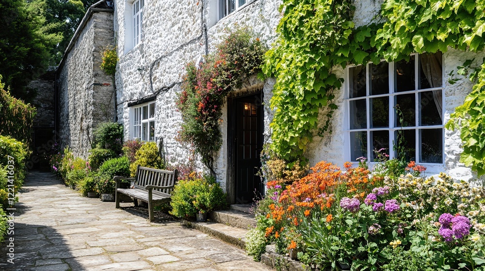 Fototapeta premium Stone Cottage Garden Pathway Bench Flowers