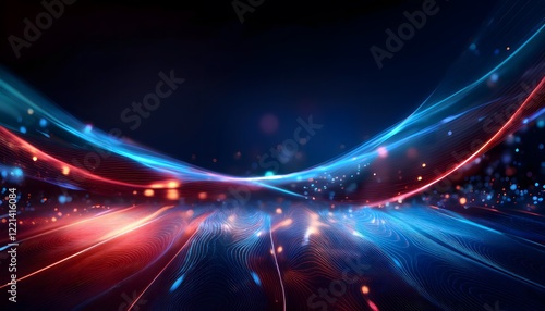 Neon Wave abstract background, Isolated on a dark background, colorful Neon wave with glow, Technology, network, internet concept, Copyspace with empty table 