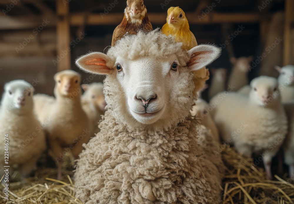 Playful Sheep with Chickens: A Charming Farm Scene Featuring a Fluffy Sheep with Chickens Perched on Its Head Surrounded by Sheep in a Barn Setting Full of Hay Playful Sheep with Chickens: A Charming Farm Scene Featuring a Fluffy Sheep with Chickens Perched on Its Head Surrounded by Sheep in a Barn Setting Full of Hay
