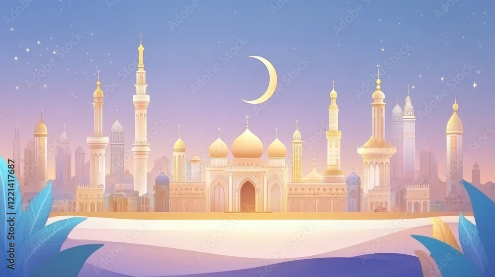 Obraz premium Majestic Mosque Cityscape Under Crescent Moon And Stars