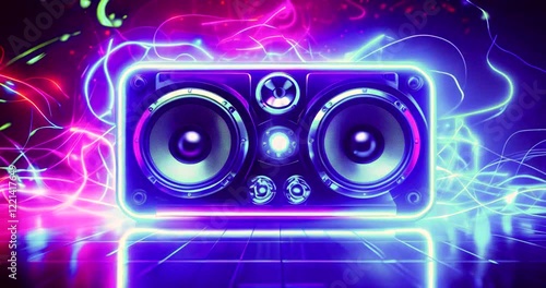 Neon speaker glowing, vibrant light trails, music event backdrop