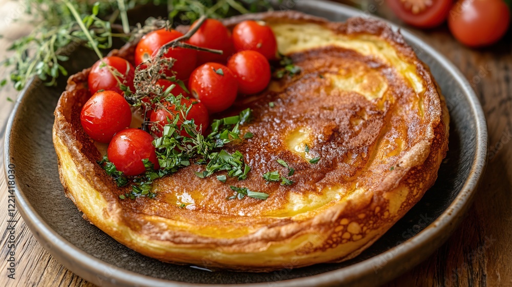 Golden brown vegan Dutch baby pancake served on a plate with fresh tomatoes Golden brown vegan Dutch baby pancake served on a plate with fresh tomatoes