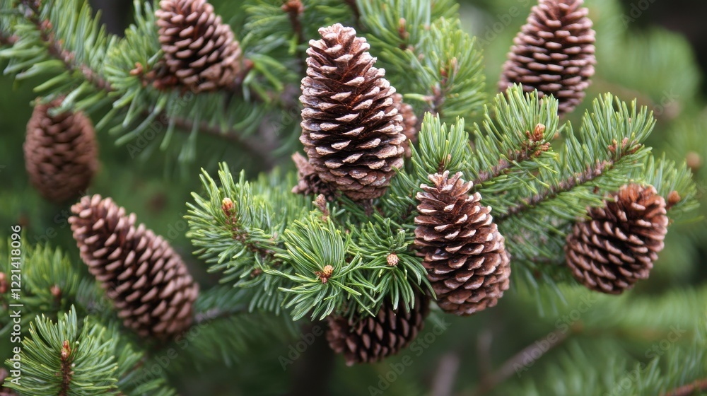 Close-up of pine cones and evergreen branches in natural setting Close-up of pine cones and evergreen branches in natural setting