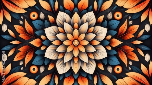 Wallpaper Mural A beautifully intricate floral design featuring vibrant orange, cream, and teal leaves that create a stunning, harmonious pattern. Torontodigital.ca