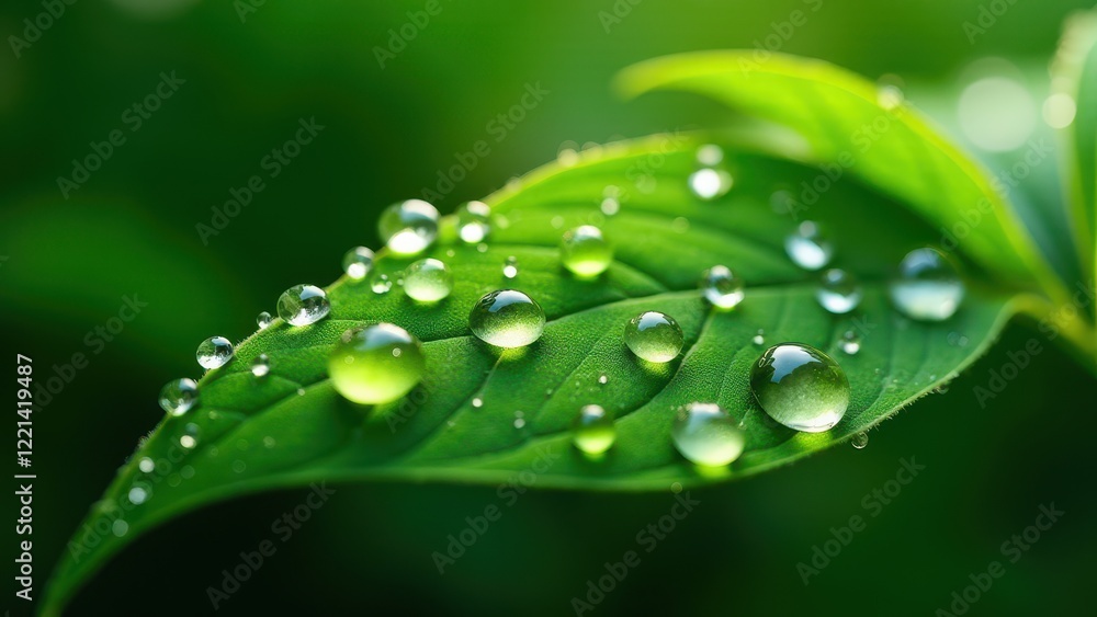 Fototapeta premium Macro photography of dew drops on green leaf 