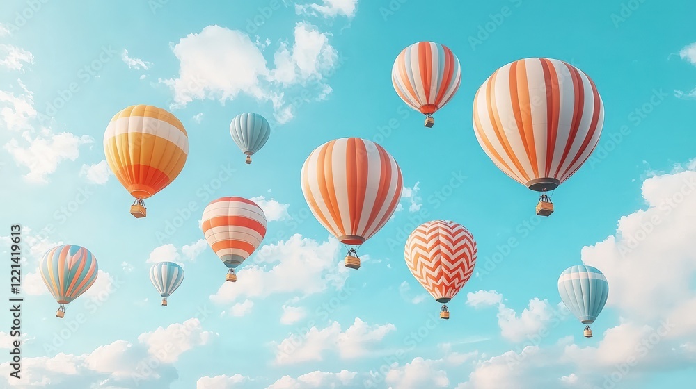 Obraz premium A breathtaking scene featuring colorful hot air balloons soaring in a clear blue sky, surrounded by fluffy clouds, evoking a sense of adventure and freedom.