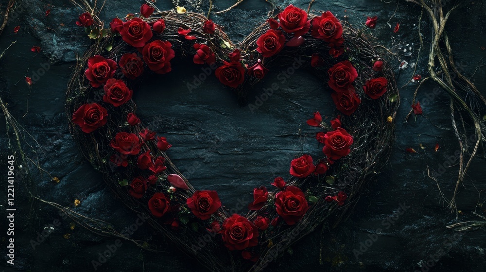 Heart-shaped red roses on dark background with twigs Heart-shaped red roses on dark background with twigs
