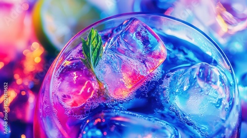 A close-up shot of a cocktail with neon-colored liquid swirling in a sleek glass, glistening ice cubes, and glowing garnishes of lime and mint floating on top, illuminated by vibrant light.