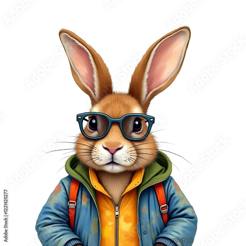 Cool Bunny Traveler: A stylish brown rabbit sporting trendy sunglasses and a denim jacket, ready for adventure.  The digital illustration showcases a cute, quirky character perfect for travel.