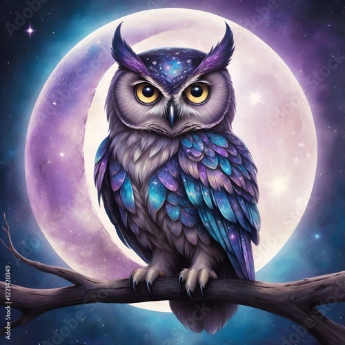 Illustration of an owl with wide, glowing eyes, its feathers blending into a galaxy pattern of purples, blues, and stars. The owl perches on a crescent moon with subtle metallic effects. photo