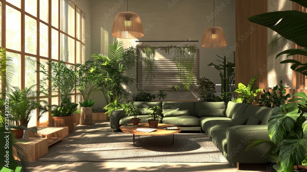 Fototapeta premium Stylish Indoor Living Space With Abundant Greenery in a Sunlit Room Decorated With Modern Furnishings and Natural Light