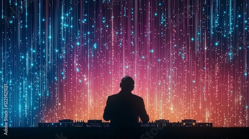 A DJ performing in front of a vibrant and colorful light display, creating an energetic atmosphere for an unforgettable music experience.