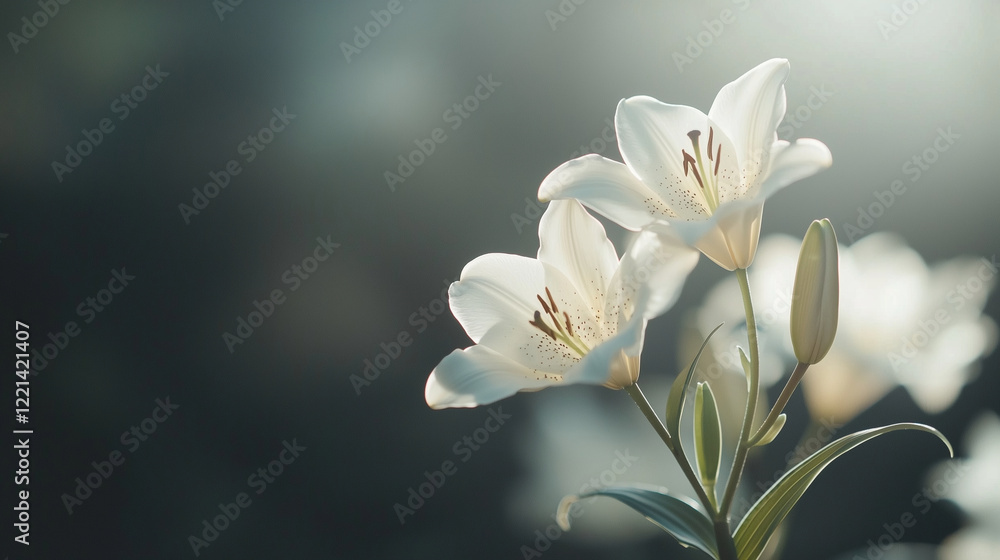 Fototapeta premium White Lilies with Soft Lighting on Dark Background