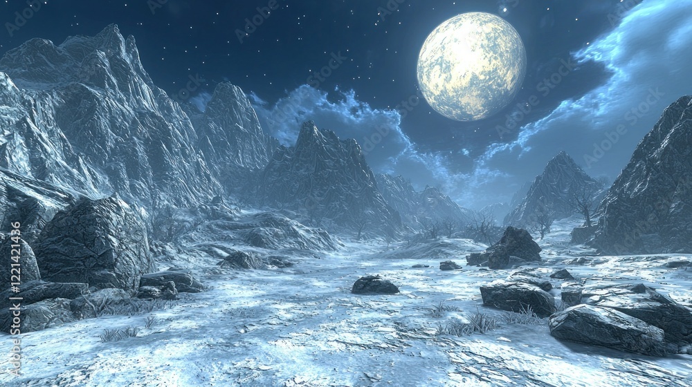 Fototapeta premium Frozen mountain range moonlit night landscape, game background