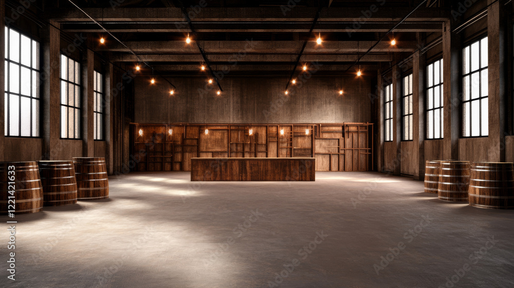 spacious industrial interior featuring wooden bar, barrels, and warm lighting. minimalist design creates welcoming atmosphere spacious industrial interior featuring wooden bar, barrels, and warm lighting. minimalist design creates welcoming atmosphere