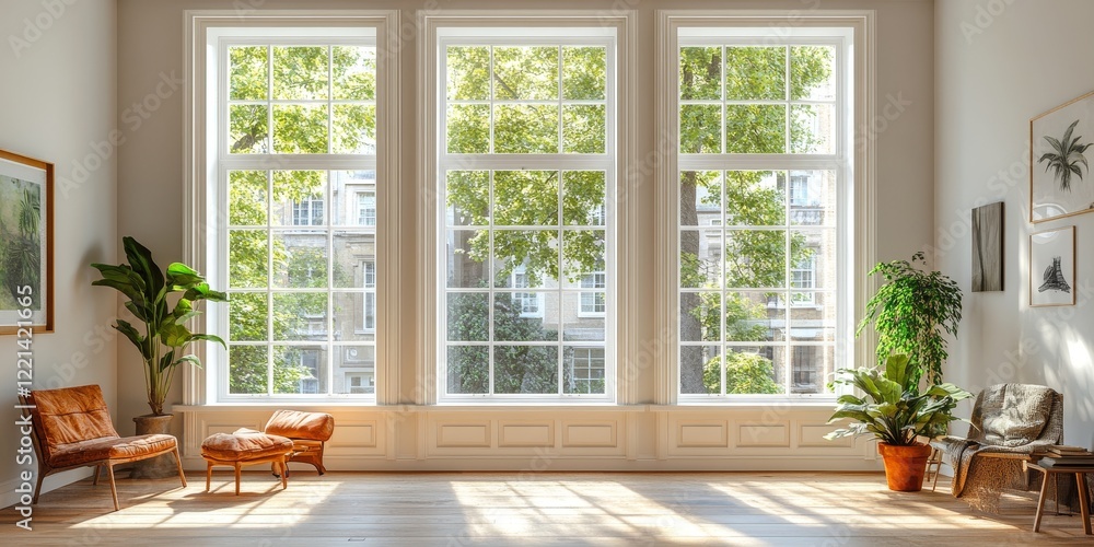 Bright and Airy Living Room With Large Windows and Natural Plants in a Serene Indoor Setting Bright and Airy Living Room With Large Windows and Natural Plants in a Serene Indoor Setting