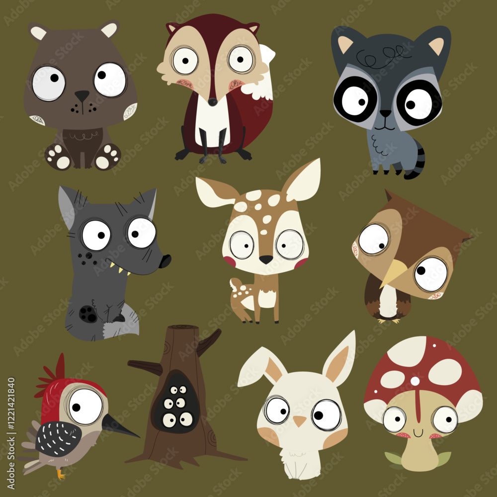 Fototapeta premium Cute and funny woodland animals clipart. Set of 10 elements.