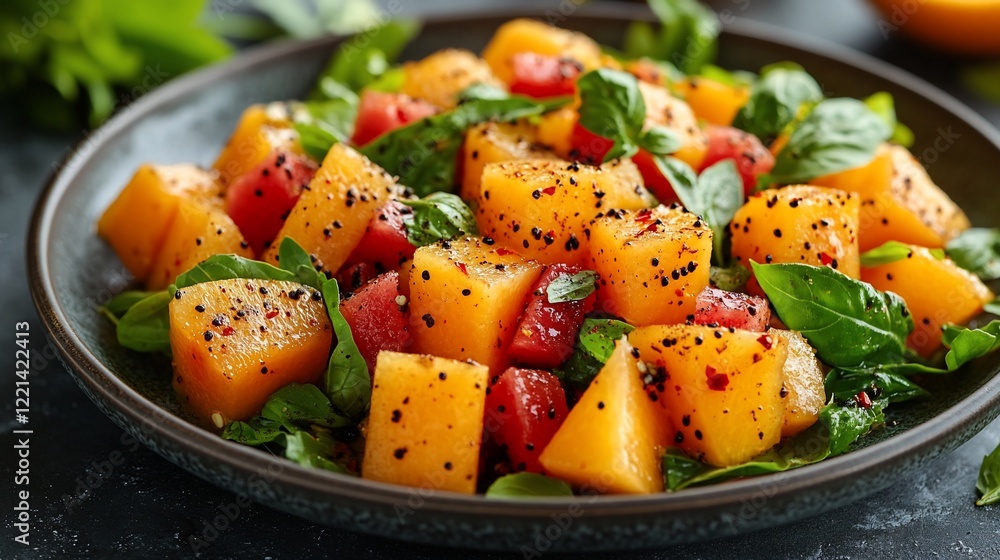 Fresh melon and watermelon salad with basil. Fresh melon and watermelon salad with basil.