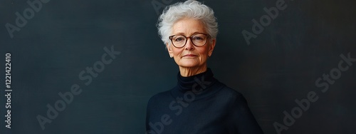 Portrait of an elderly woman smiling with a serious expression, showing off her mature and graceful features on a black background photo