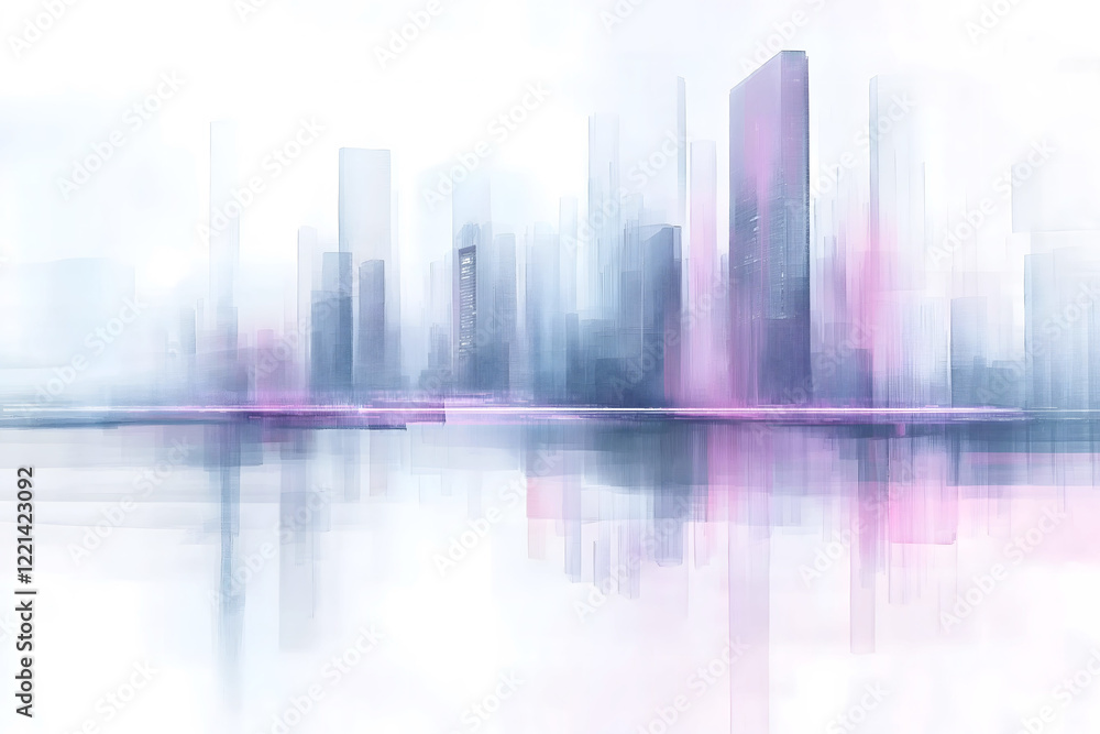 Futuristic cityscape with towering skyscrapers reflected on a calm surface, showcasing modern architecture, innovation, and urban development in a dreamlike pastel environment Futuristic cityscape with towering skyscrapers reflected on a calm surface, showcasing modern architecture, innovation, and urban development in a dreamlike pastel environment