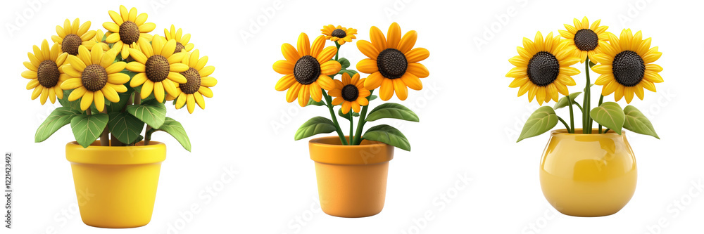 Obraz premium A Set of 3D Cartoon Flower Pots with Vibrant Sunflowers Isolated on Transparent Background