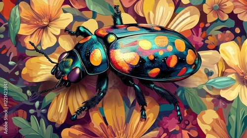 Colorful and intricately patterned beetle insect resting on a vibrant flower in a lush botanical garden setting  The vivid abstract design on the beetle s carapace creates a futuristic bionic photo