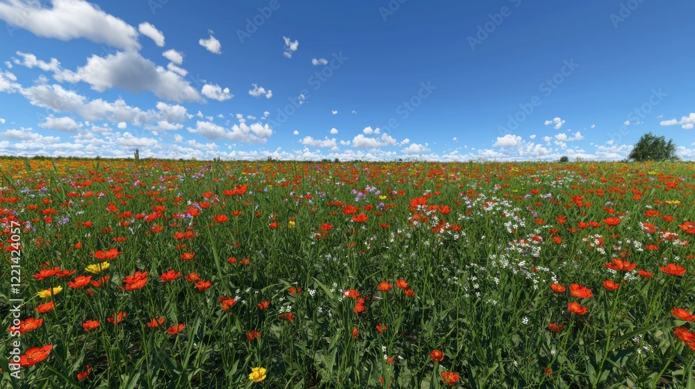 Wildflower meadow, summer sky, rural landscape, floral background, nature scene Wildflower meadow, summer sky, rural landscape, floral background, nature scene