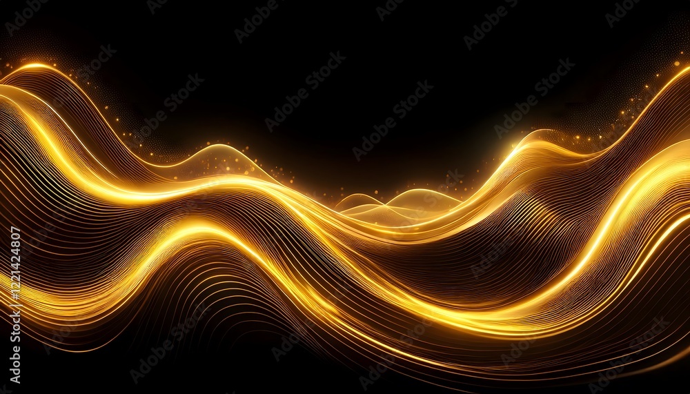 Obraz premium Neon Wave abstract background, Isolated on a dark background, Gold Neon wave with glow, Technology, network, internet concept