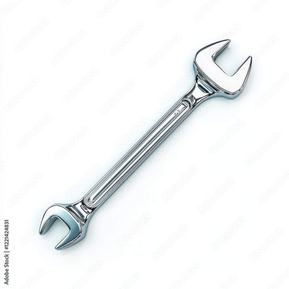 A shiny, metallic wrench rests against a plain backdrop, showcasing the tool's sleek design and functional beauty in various industrial applications. A shiny, metallic wrench rests against a plain backdrop, showcasing the tool's sleek design and functional beauty in various industrial applications.