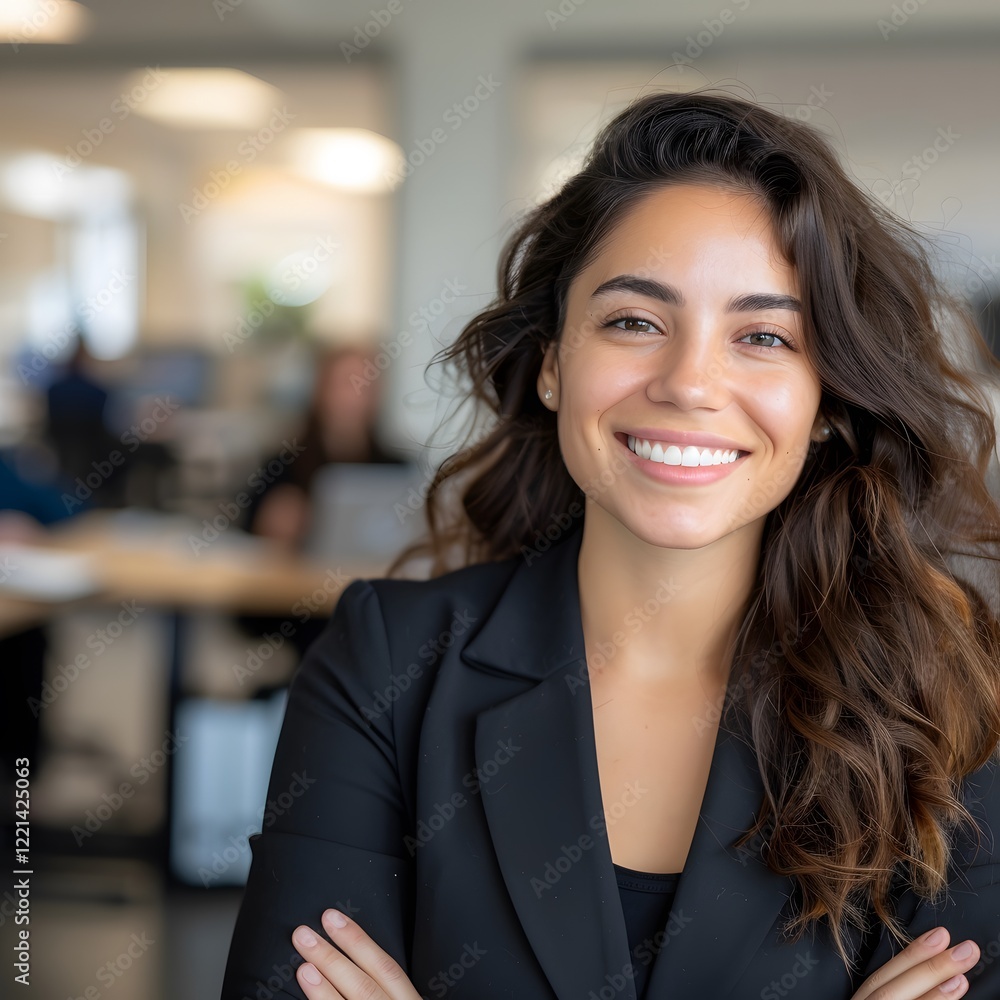 Confident businesswoman smiling, office background, team blurred Confident businesswoman smiling, office background, team blurred