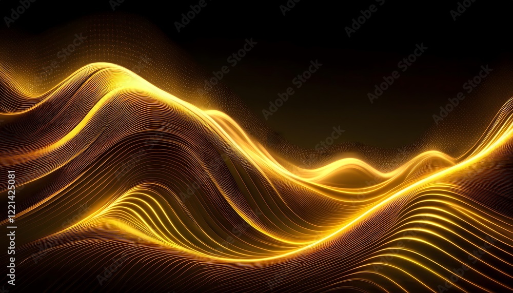 Obraz premium Neon Wave abstract background, Isolated on a dark background, Gold Neon wave with glow, Technology, network, internet concept