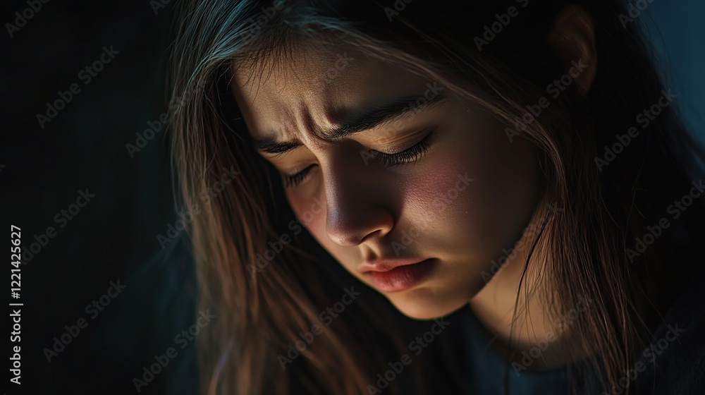 Close-up portrait of a sad brown-haired woman with her eyes closed and her head lowered Close-up portrait of a sad brown-haired woman with her eyes closed and her head lowered