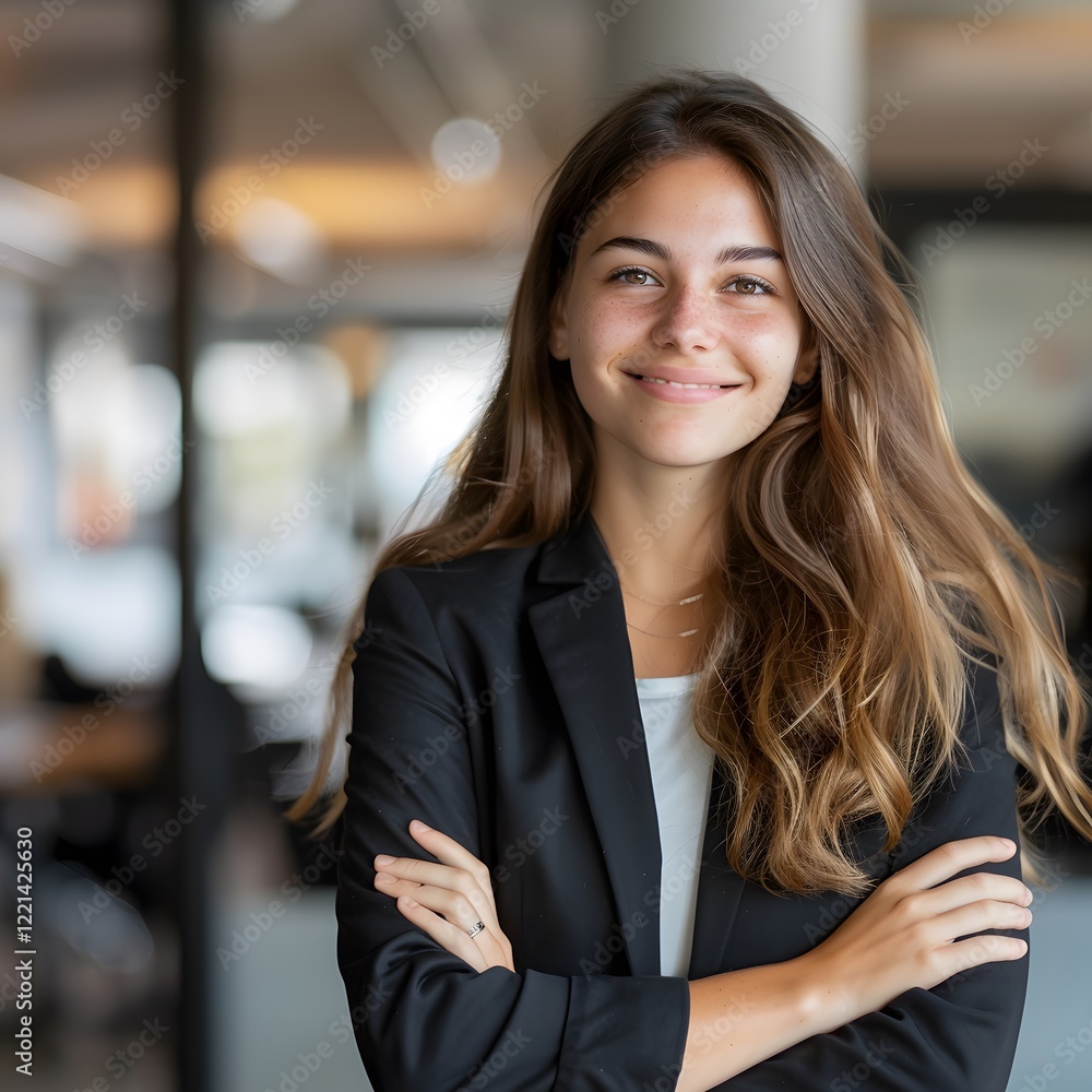 Naklejka premium Confident woman, office background, arms crossed, smiling, portrait