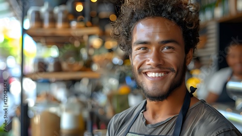 Young mixed race male barista with curly hair smiling warmly at camera in modern coffee shop interior. Professional hospitality worker in apron representing customer service excellence. photo